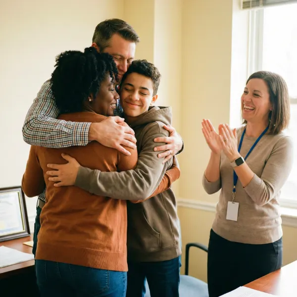 Foster parents hugging a teen in their foster care. 